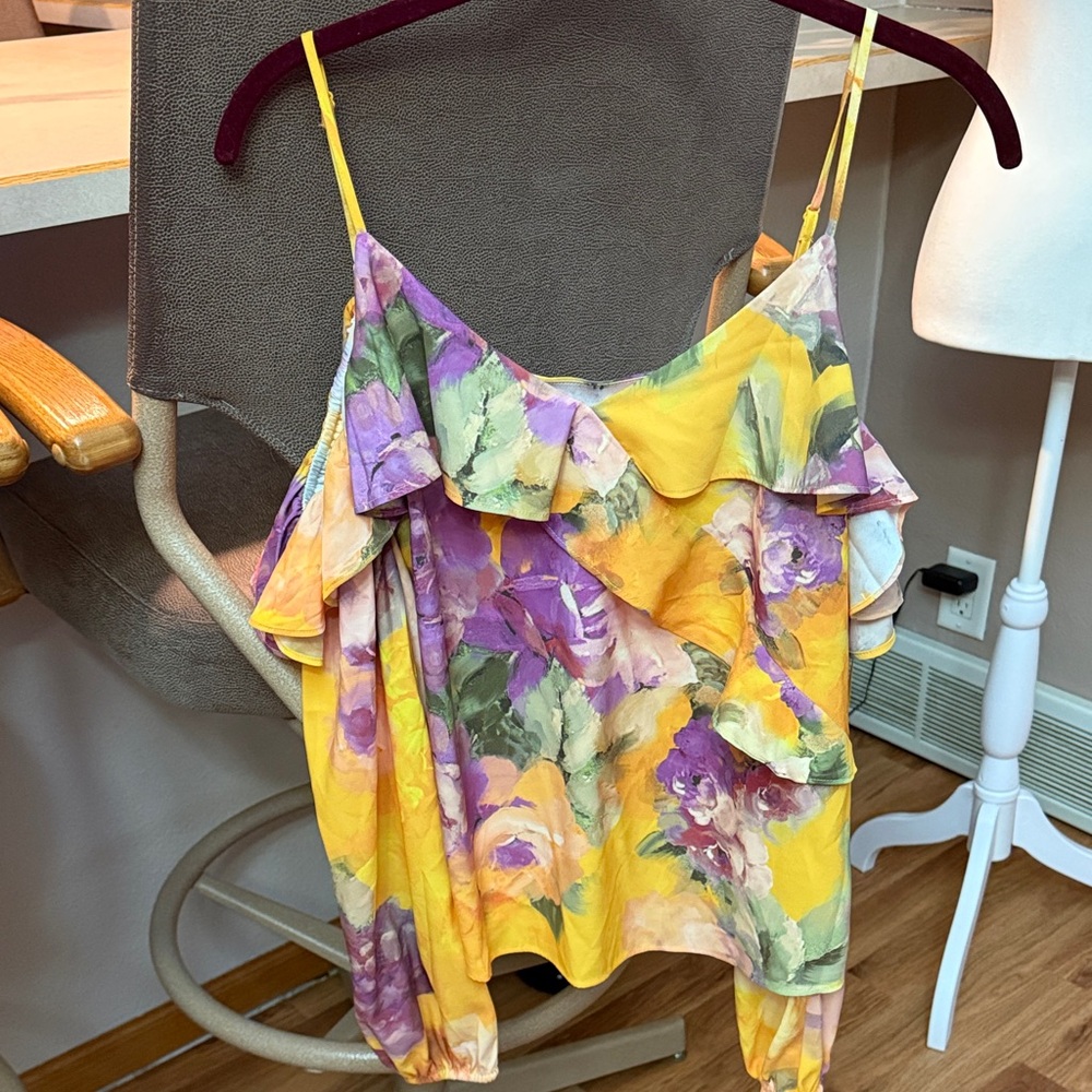 NWT ExpressCold Shoulder Yellow and Purple Floral Top